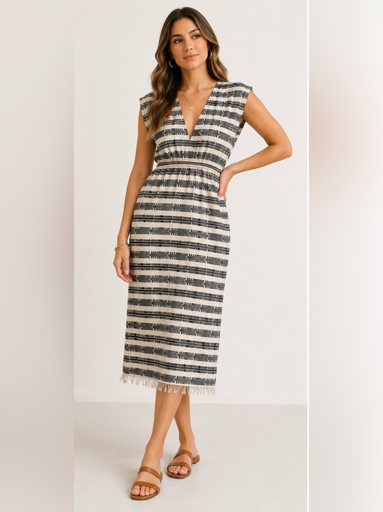 Michael Kors Dresses & Skirts - Michael Kors XS Black Ivory Geometric Fringe Hem Midi Dress Boho Cotton